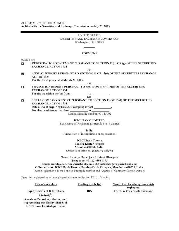 印度工业信贷投资银行 2025年年度报告和过渡报告