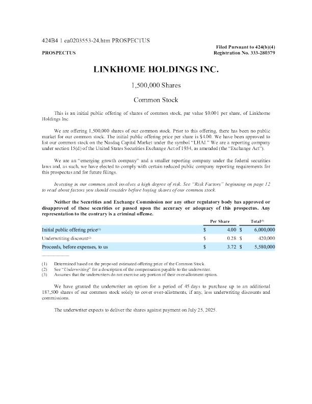 Linkhome Holdings Inc美股招股说明书(2025-07-25版)
