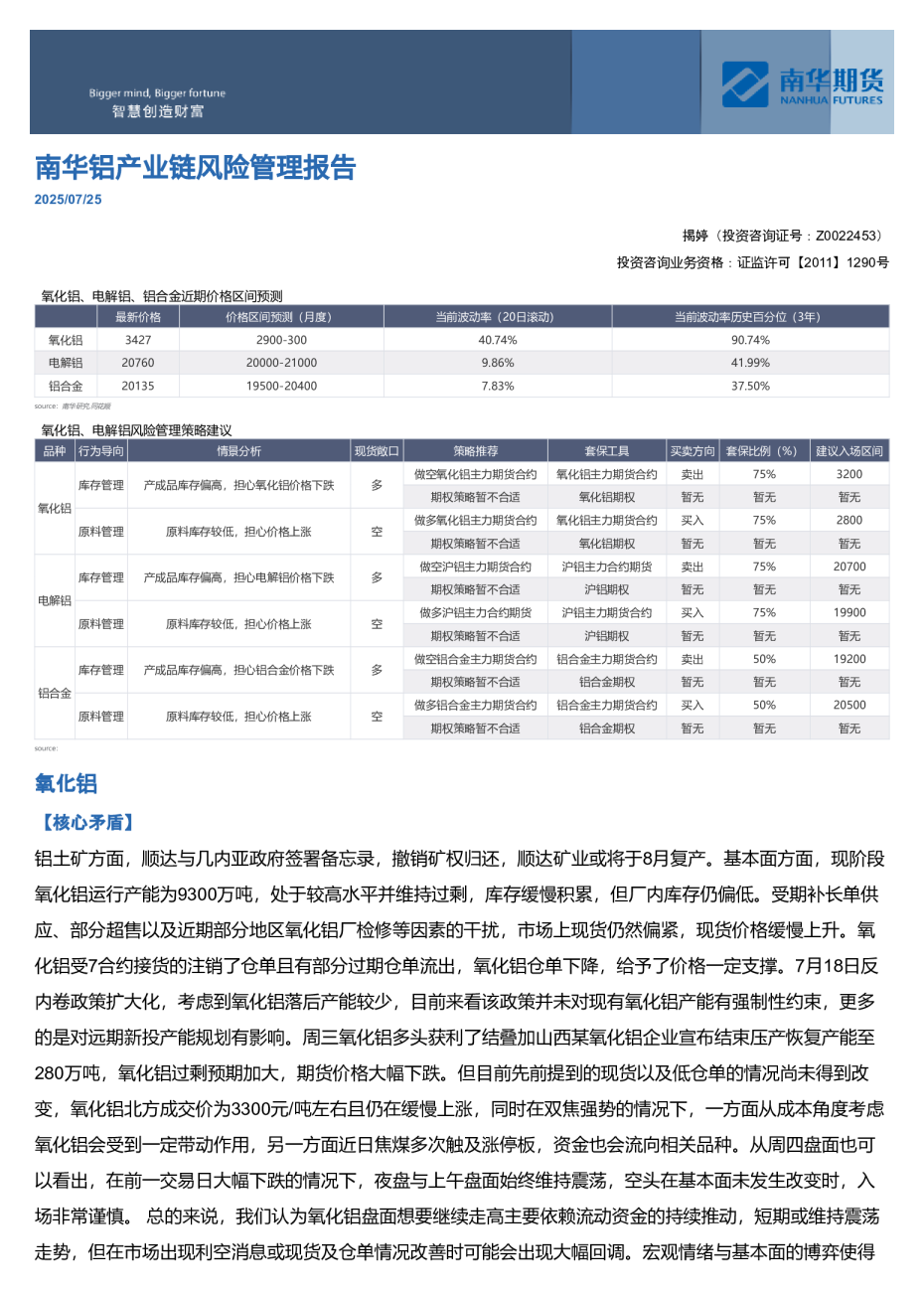 南华期货氧化铝、电解铝、铝合金近期价格区间预测