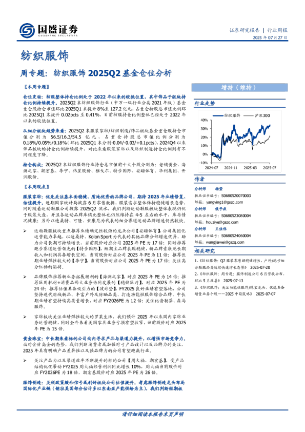 纺织服饰周专题:纺织服饰2025Q2基金仓位分析