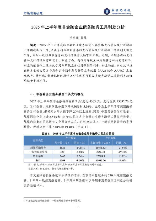 2025年上半年度非金融企业债务融资工具利差分析