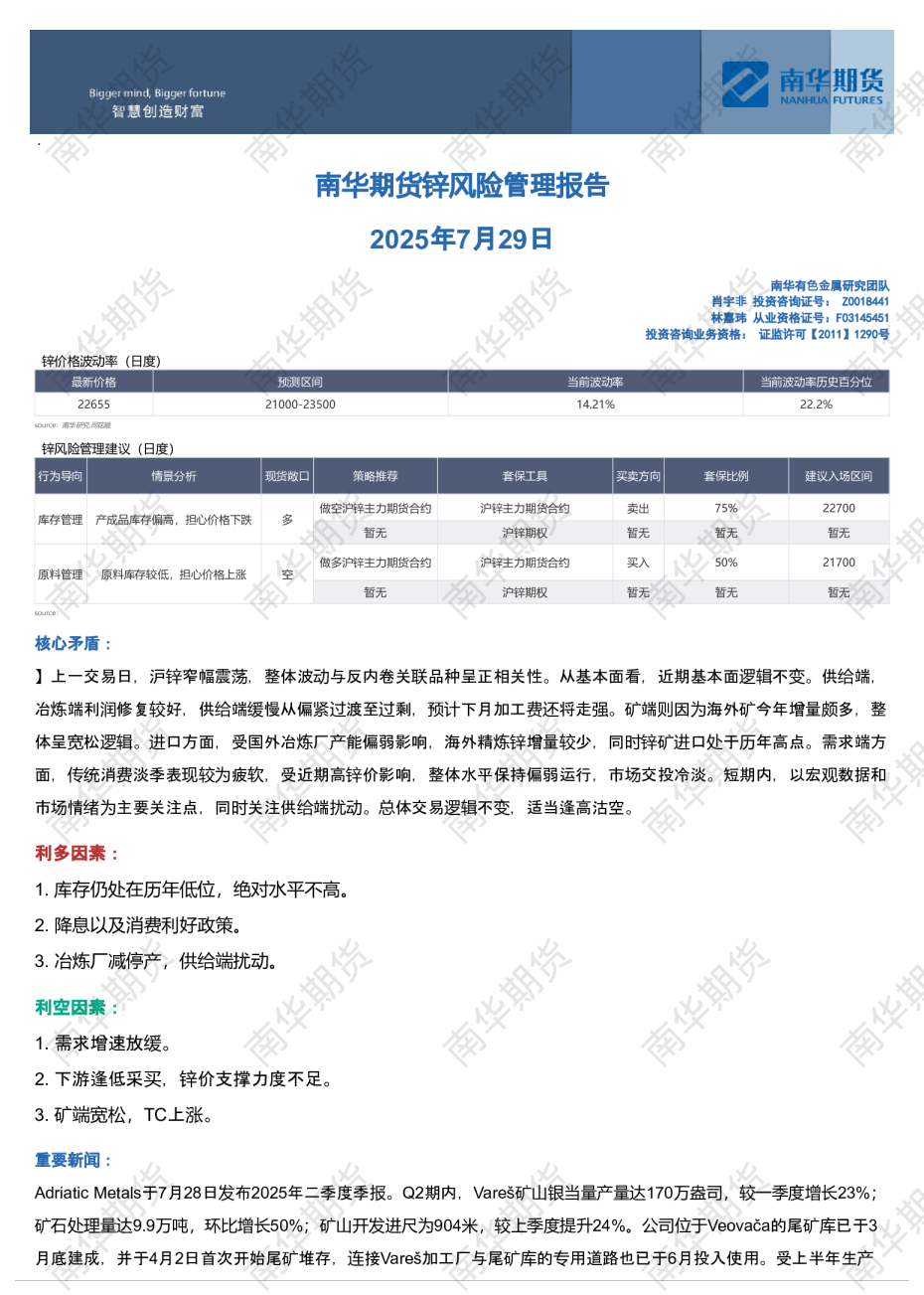 锌风险管理报告