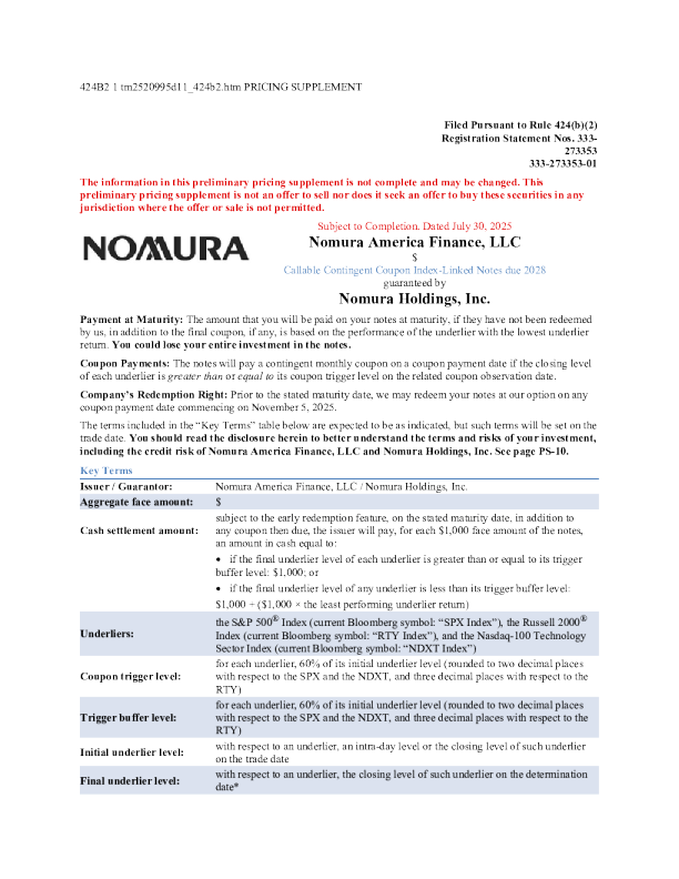 野村控股美股招股说明书(2025-07-30版)