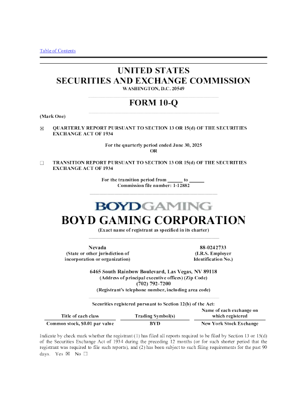 博伊德赌场 2025年季度报告