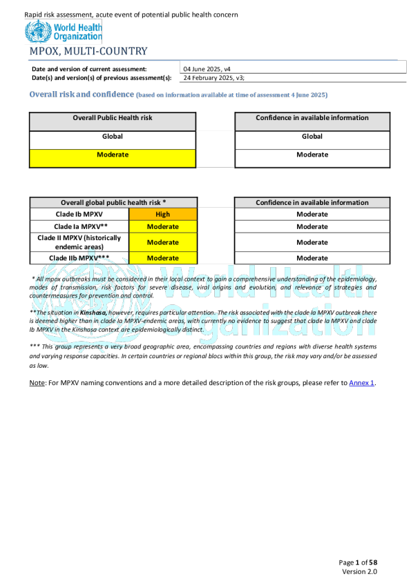 世界卫生组织快速风险评估-猴痘，全球第4版