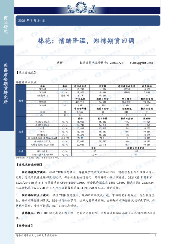 棉花:情绪降温,郑棉期货回调