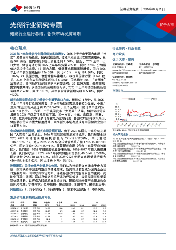 光储行业研究专题：储能行业运行总结，新兴市场发展可期