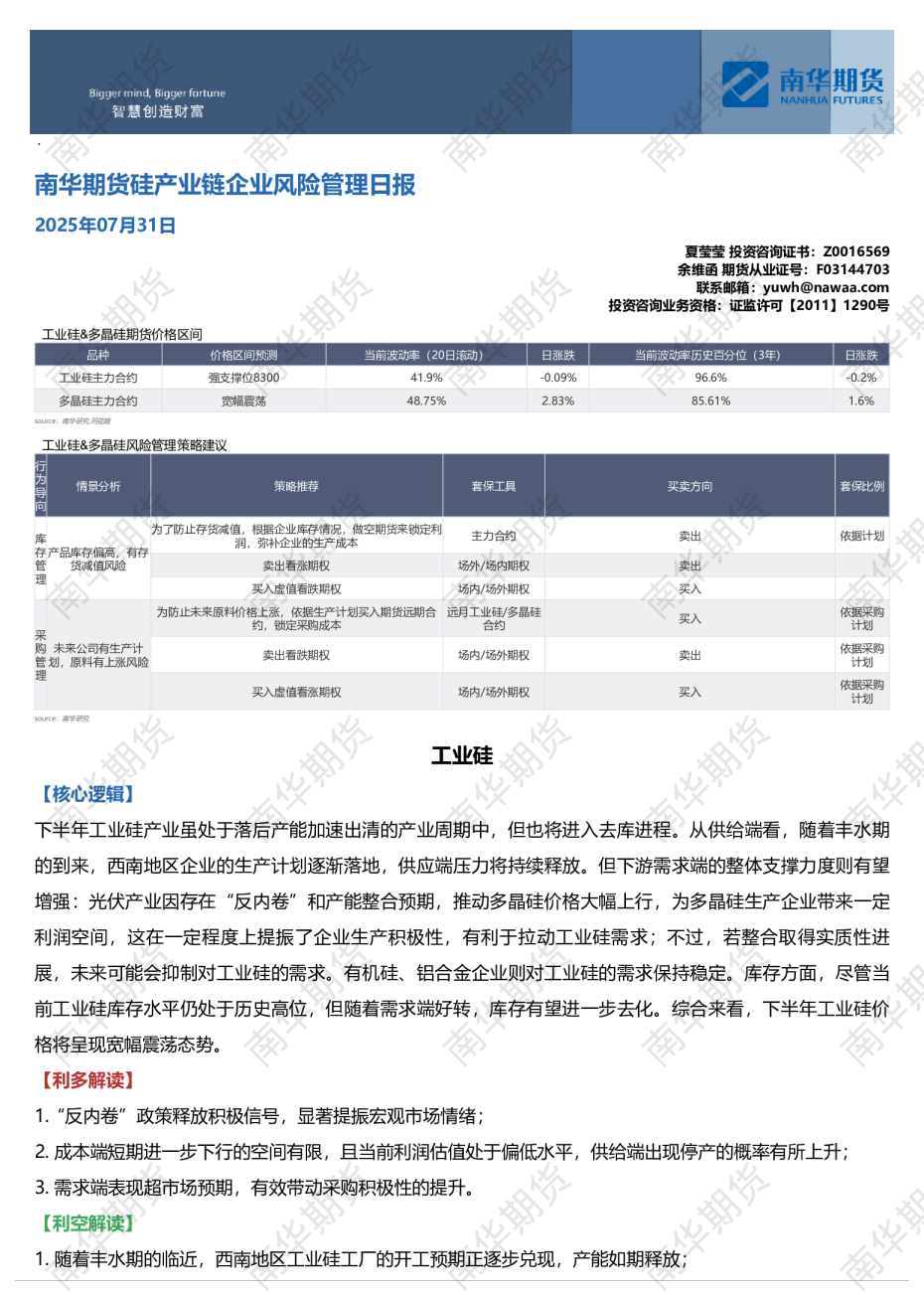 硅产业链企业风险管理日报