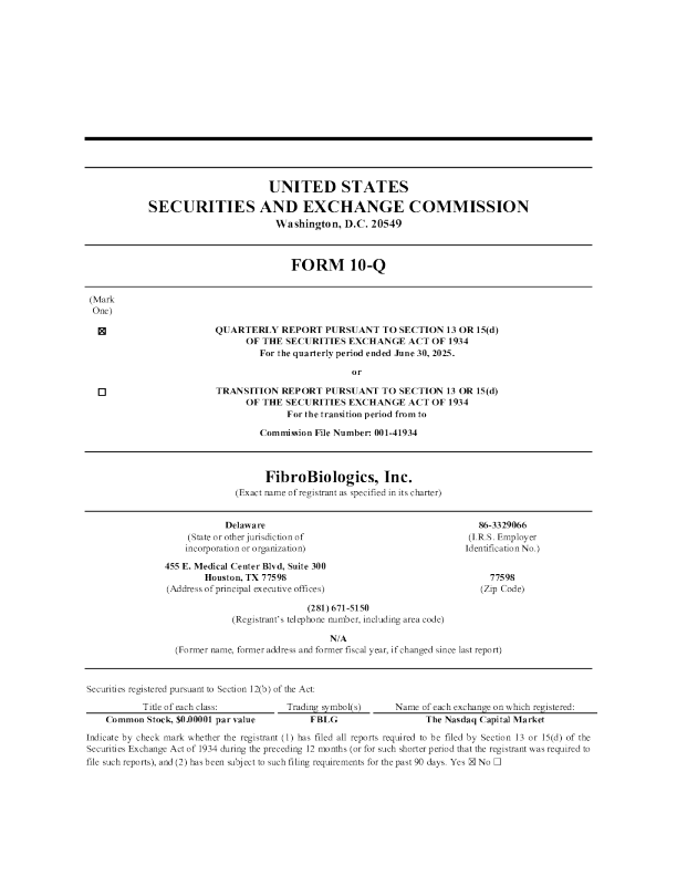 FibroBiologics Inc 2025年季度报告