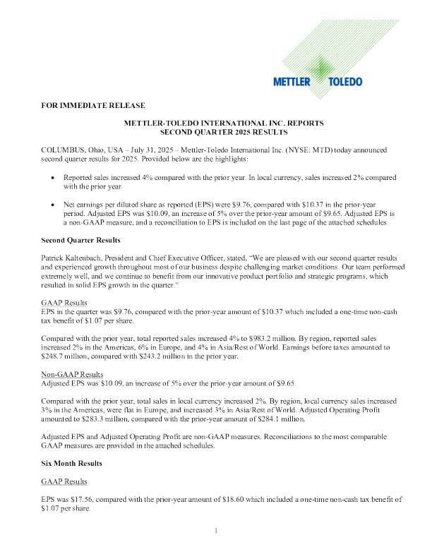 梅特勒-托利多 2025年三季度报告