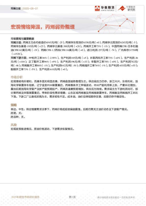 宏观情绪降温，丙烯弱势整理