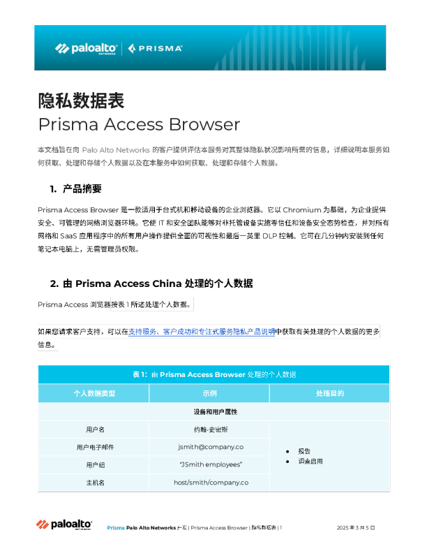 prisma access 浏览器 - 隐私数据表