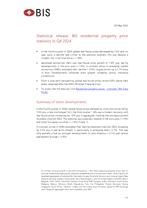 国际清算银行住宅物业价格统计，2024 年第四季度