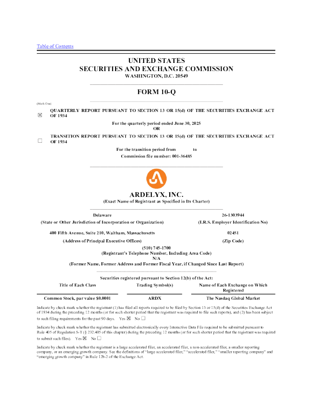 ardelyx公司2025年季度报告