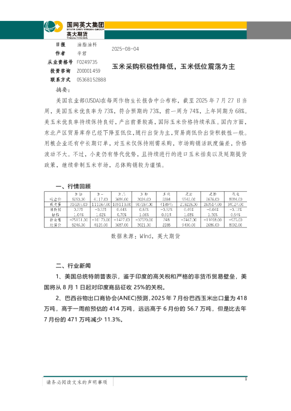 玉米采购积极性降低，玉米低位震荡为主