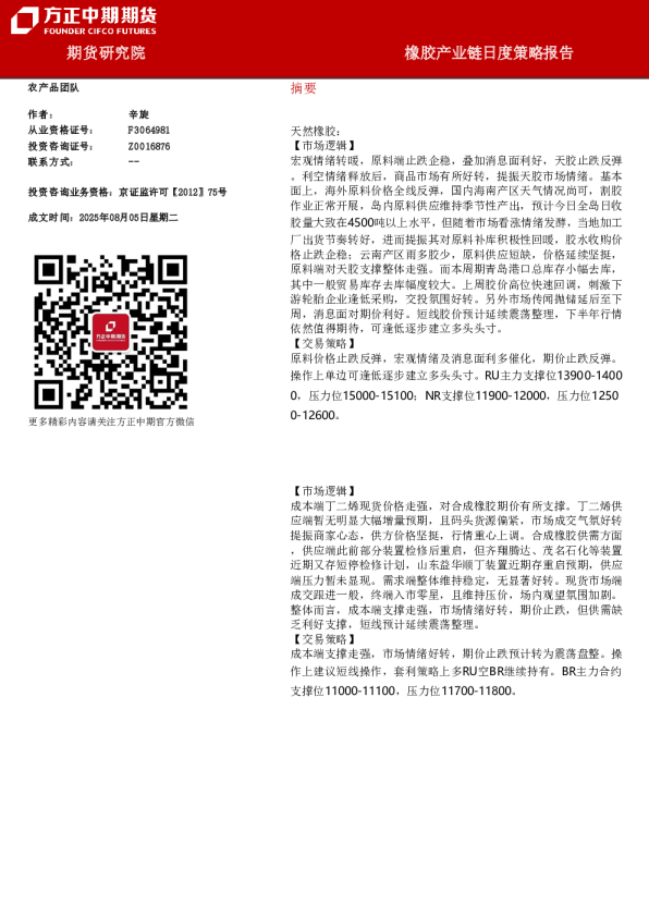 橡胶产业链日度策略报告