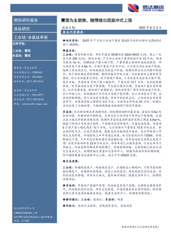 工业硅/多晶硅早报：震荡为主旋律，随情绪出现脉冲式上涨