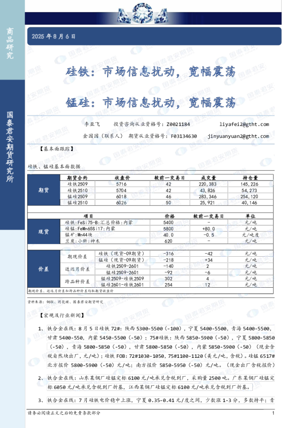 硅铁：市场信息扰动，宽幅震荡 锰硅：市场信息扰动，宽幅震荡
