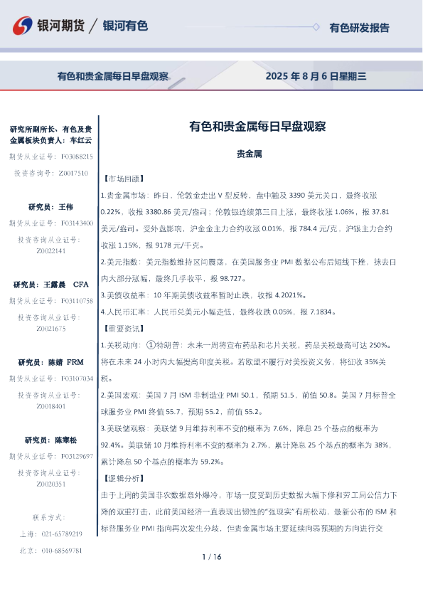 有色和贵金属每日早盘观察