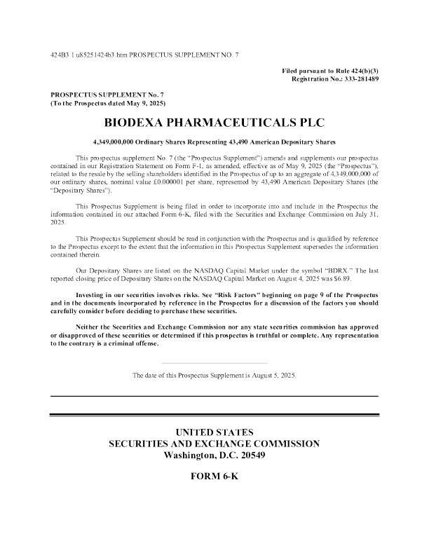 Biodexa Pharmaceuticals PLC ADR美股招股说明书(2025-08-06版)
