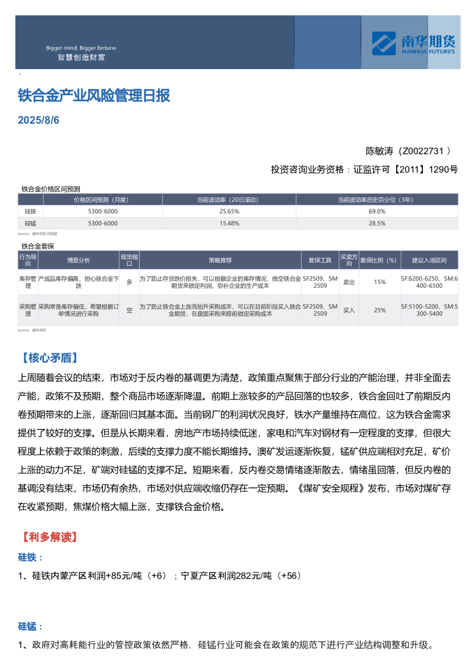 铁合金产业风险管理日报