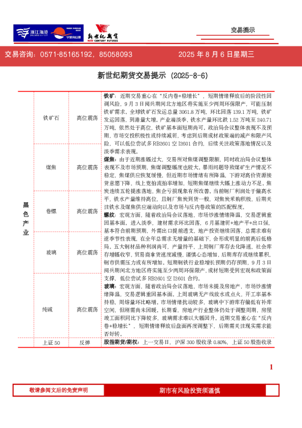 新世纪期货交易提示（2025-8-6）