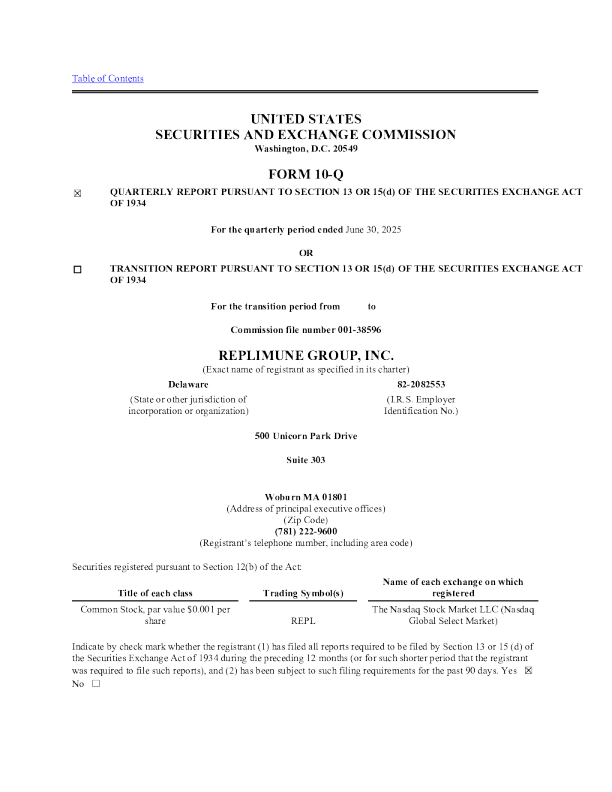 Replimune Group Inc 2025年季度报告