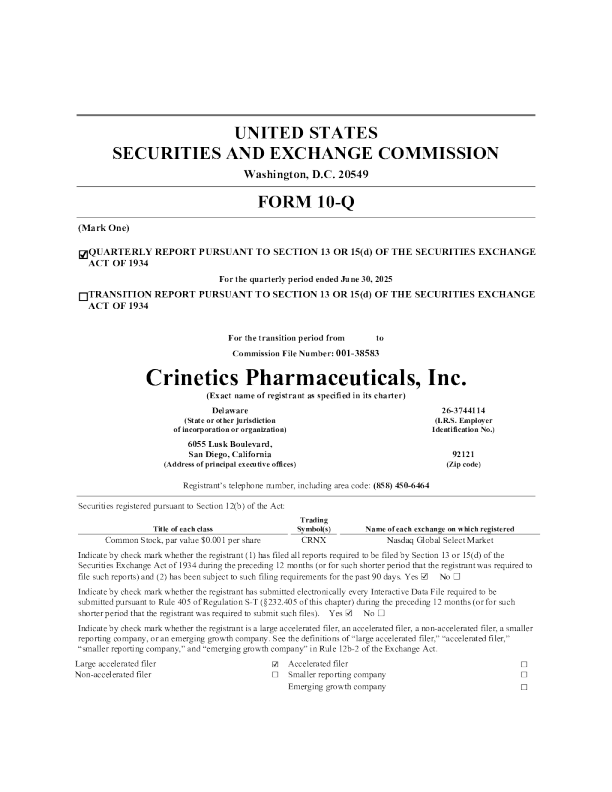 Crinetics pharmaceuticals inc 2025年季度报告