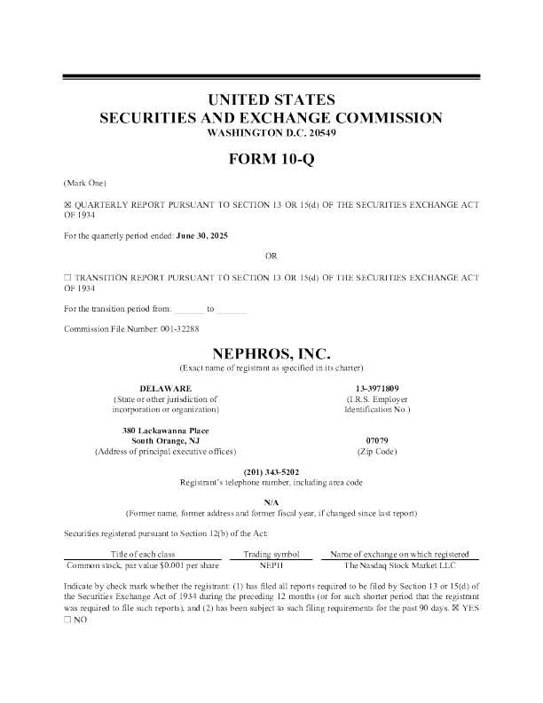Nephros Inc 2025年季度报告