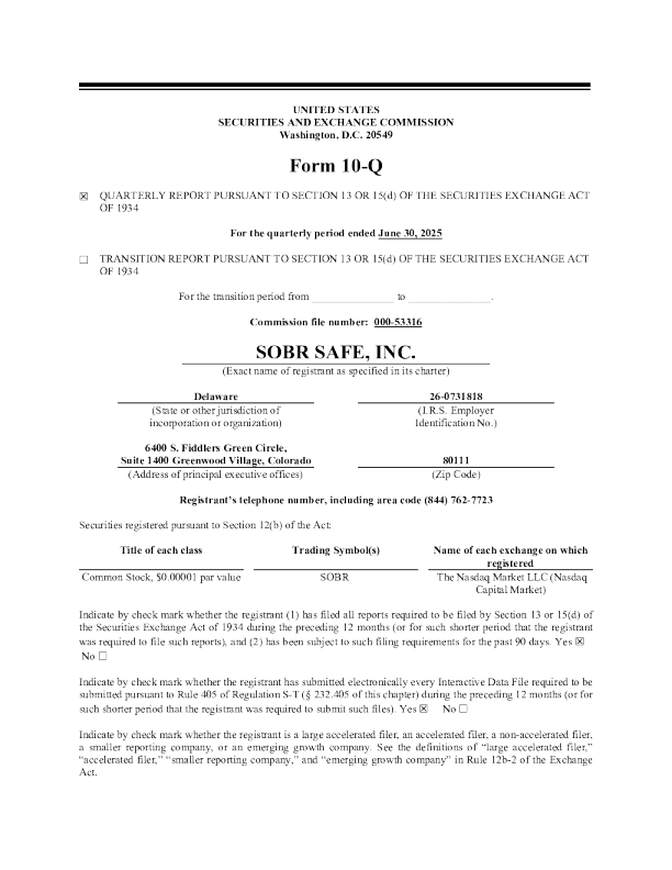 SOBR安全公司2025年季度报告