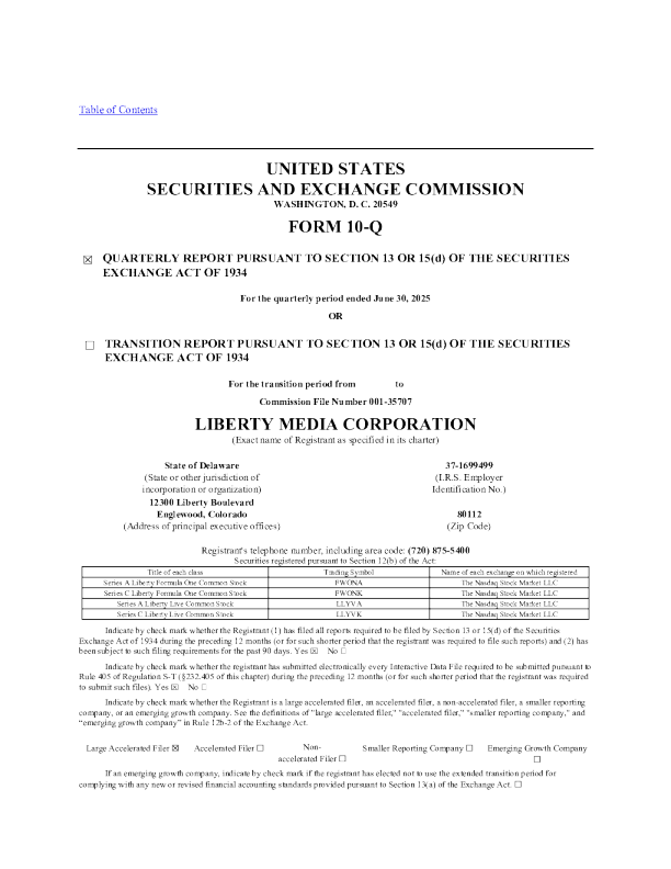 Liberty Media Corp Liberty Formula One-A 2025年季度报告