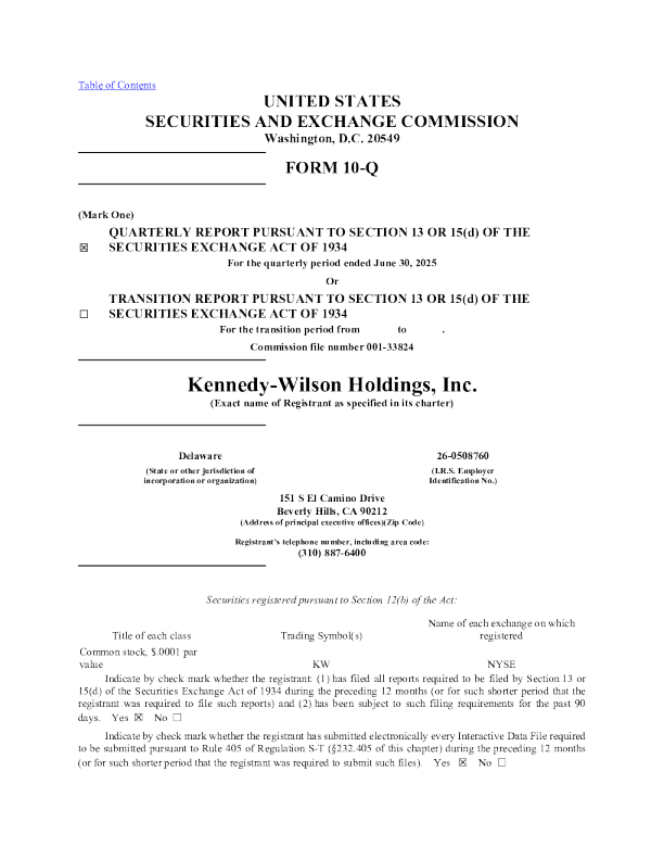Kennedy-Wilson Holdings Inc 2025年季度报告