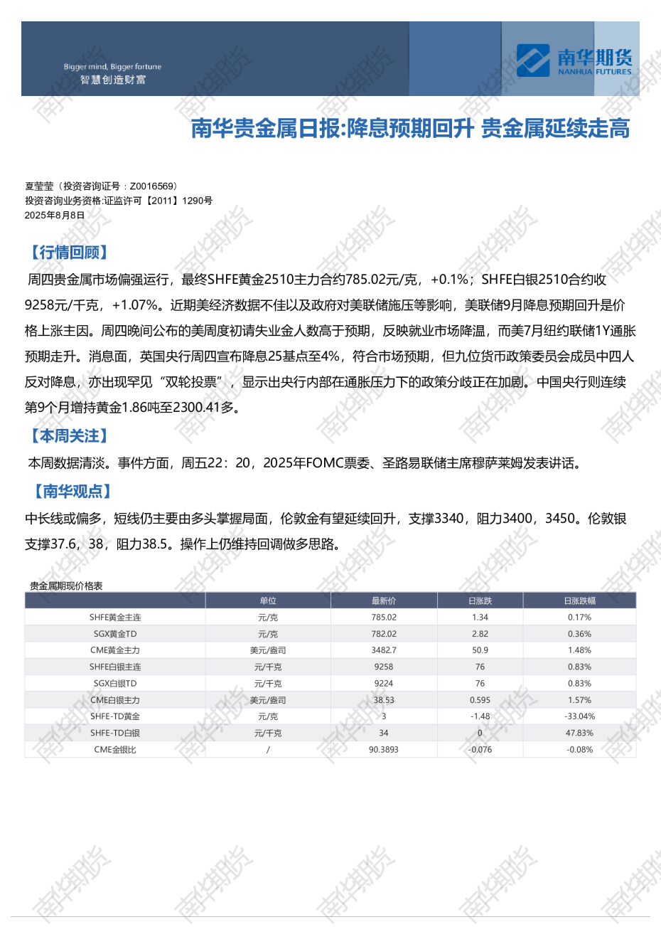 贵金属日报：降息预期回升，贵金属延续走高