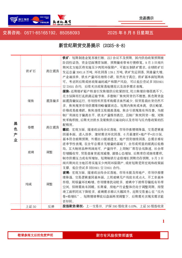 新世纪期货交易提示（2025-8-8）