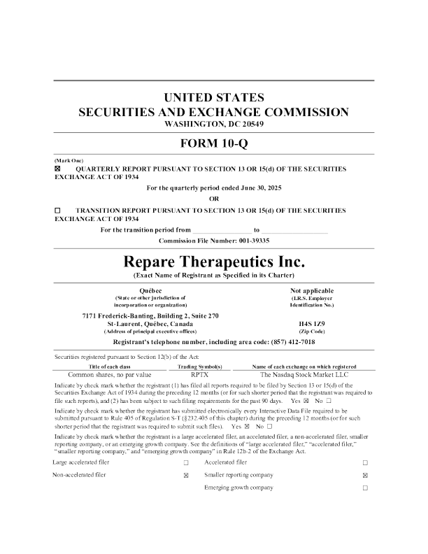 Repare Therapeutics Inc 2025年季度报告