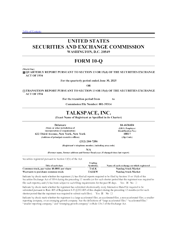 talkspace inc-a 2025年季度报告