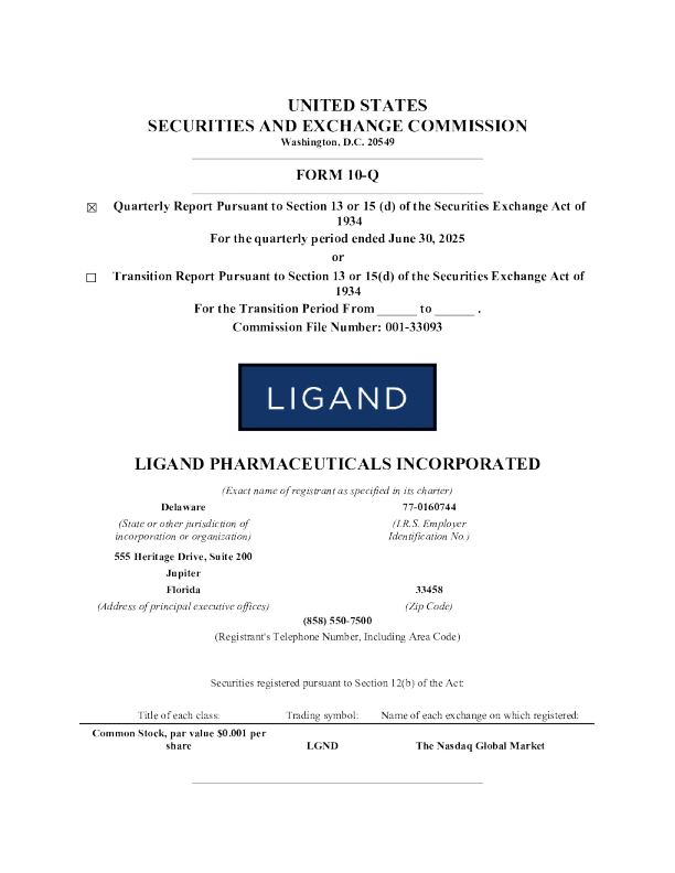 Ligand Pharmaceuticals Inc 2025年季度报告