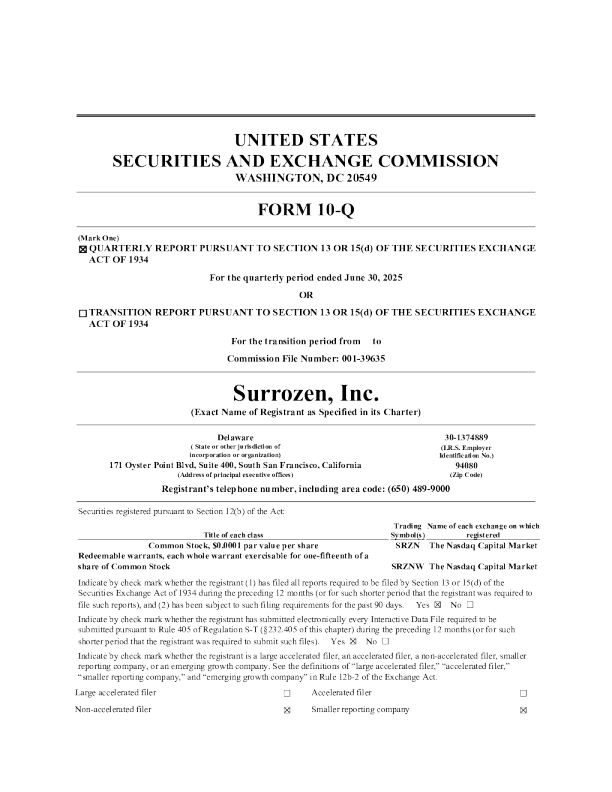 Surrozen Inc 2025年季度报告