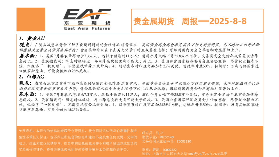 贵金属期货周报