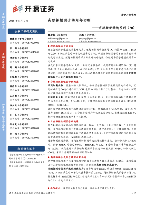 市场微观结构系列（30）：高频振幅因子的内部切割