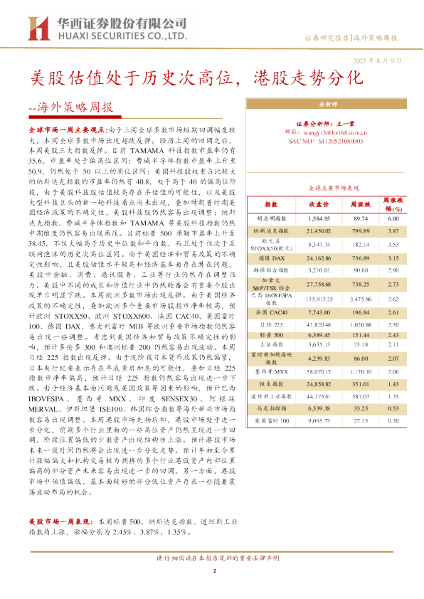 美股估值处于历史次高位，港股走势分化