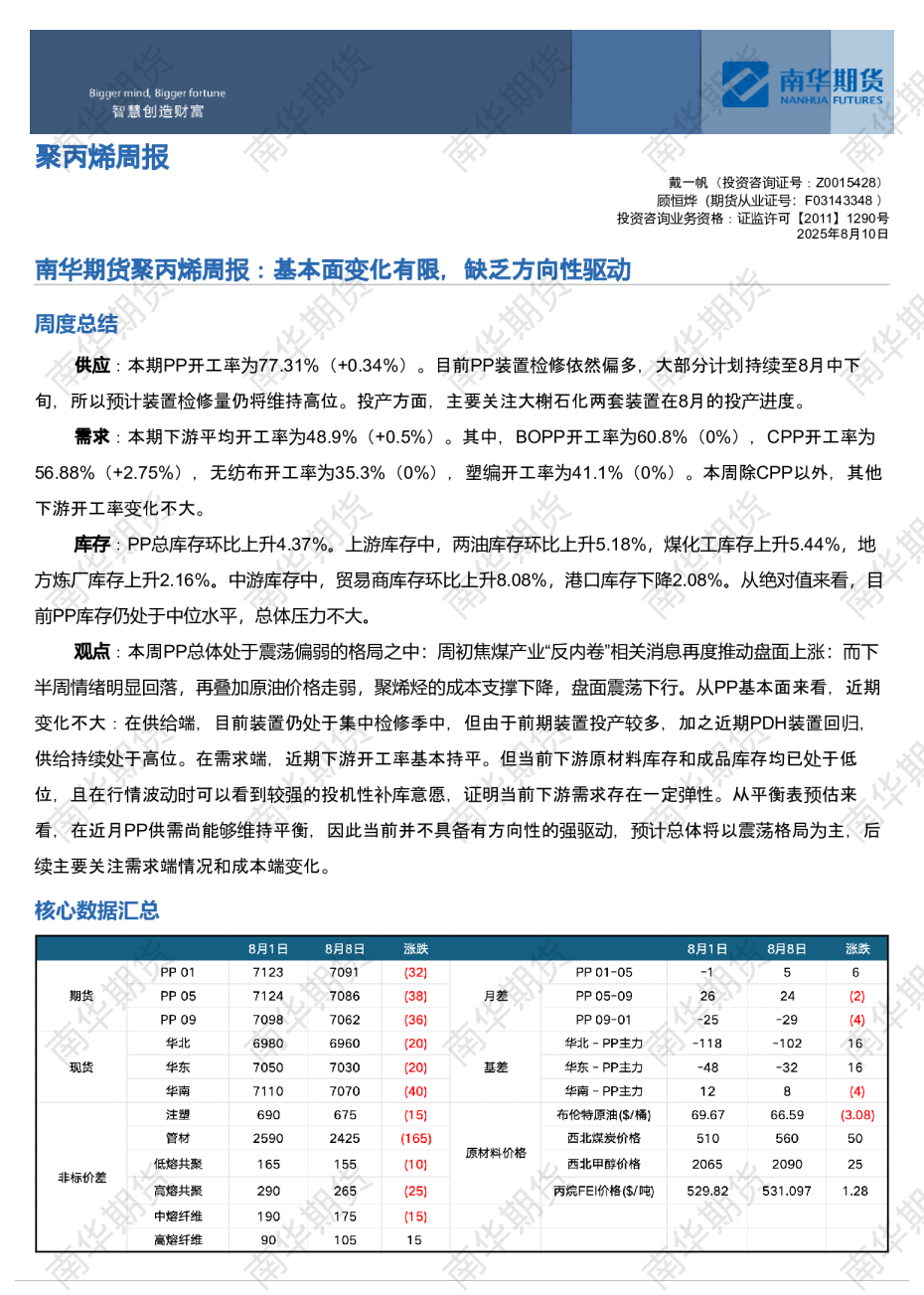 南华聚丙烯周报：基本面变化有限，缺乏方向性驱动20250811