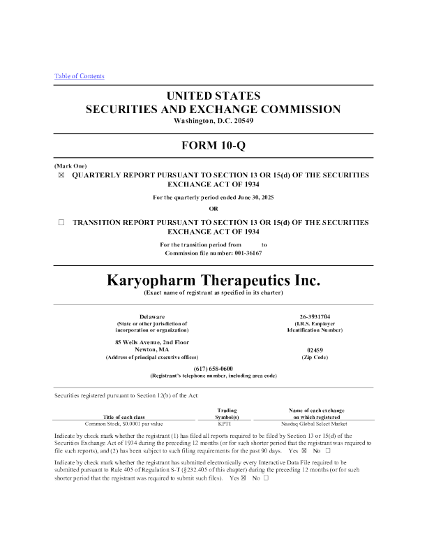 Karyopharm Therapeutics Inc 2025年季度报告