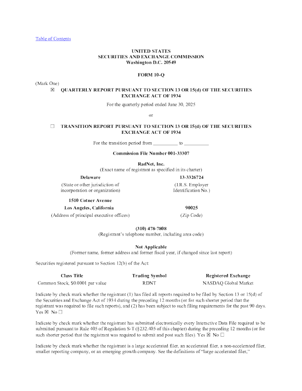 RadNet Inc 2025年季度报告
