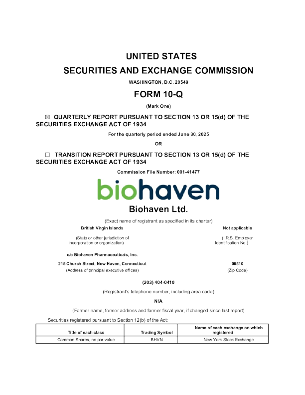 Biohaven Ltd 2025年季度报告