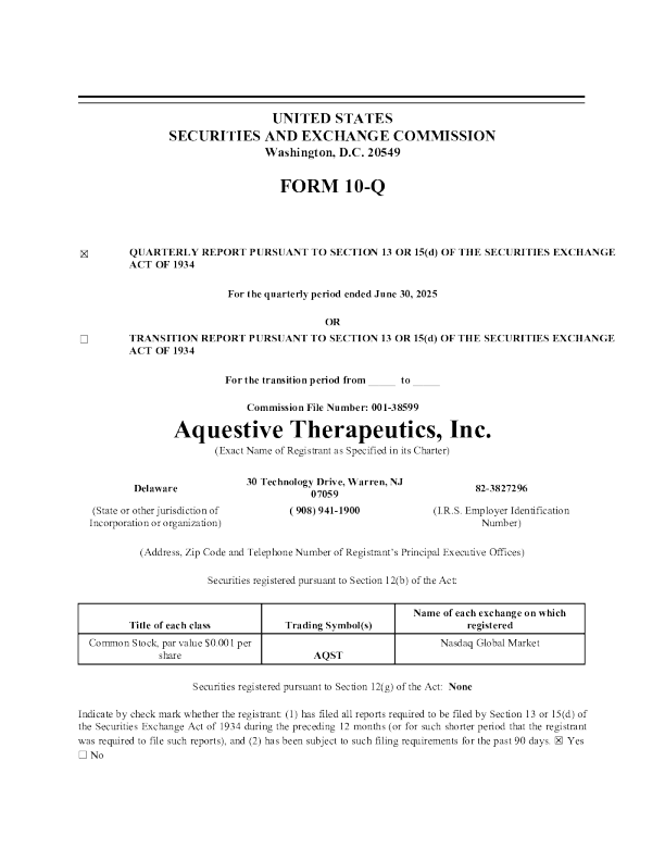 Aquestive Therapeutics Inc 2025年季度报告