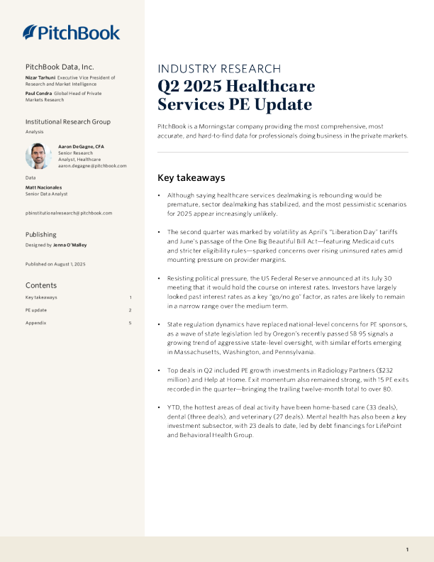 PitchBook年第二季度医疗保健服务PE更新
