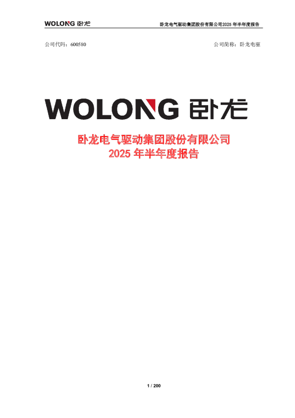 卧龙电驱：2025年半年度报告