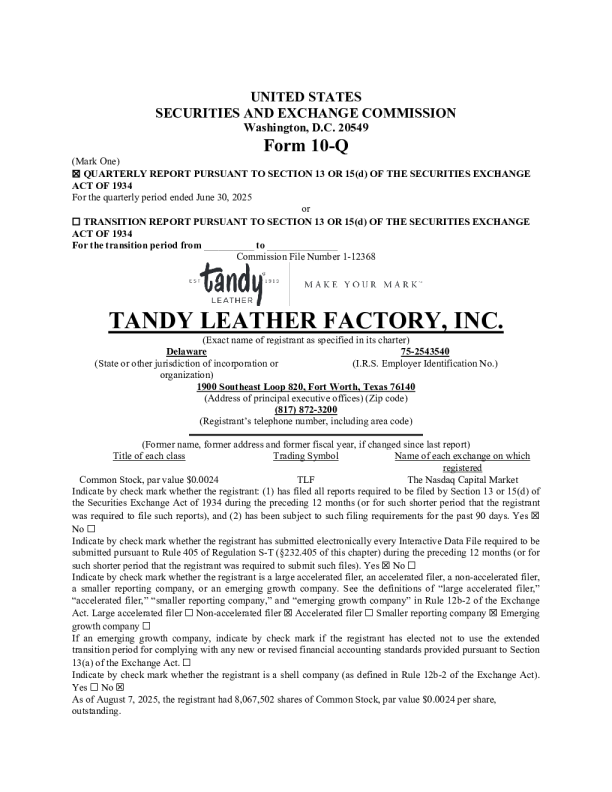Tandy Leather Factory Inc 2025年季度报告