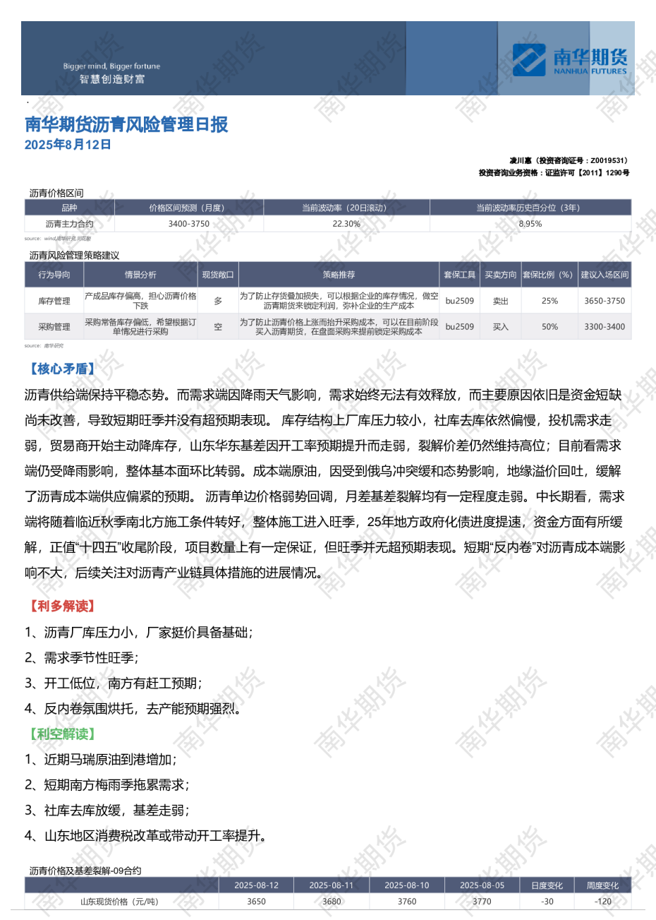 南华期货沥青风险管理日报